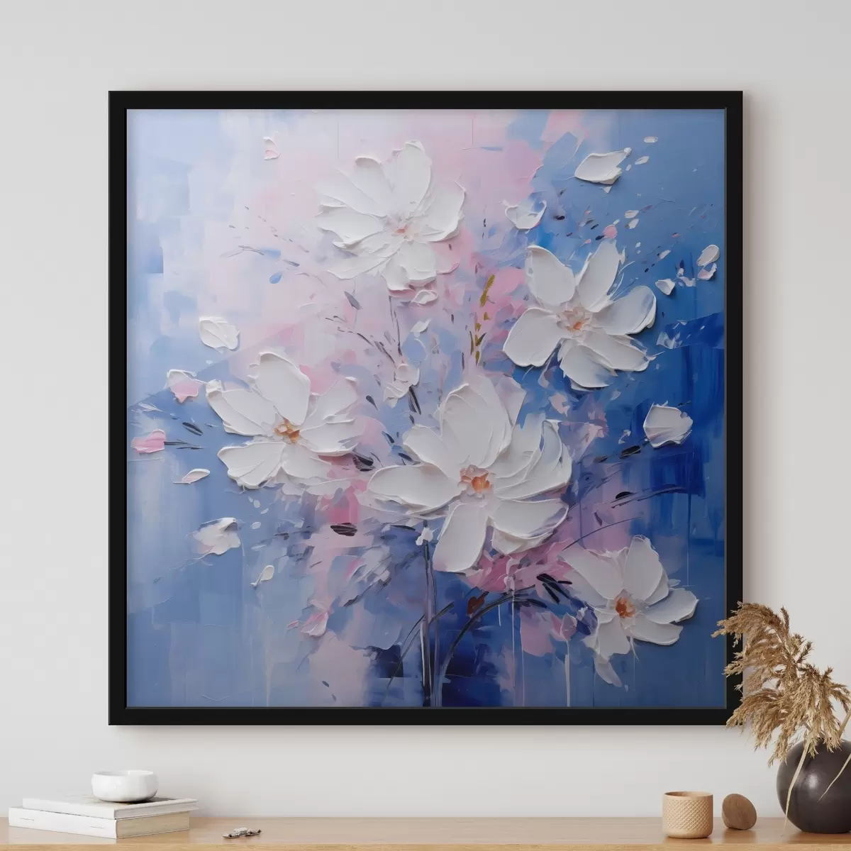 Poster Fleurs volumétriques sur fond bleu en style empâté f45648