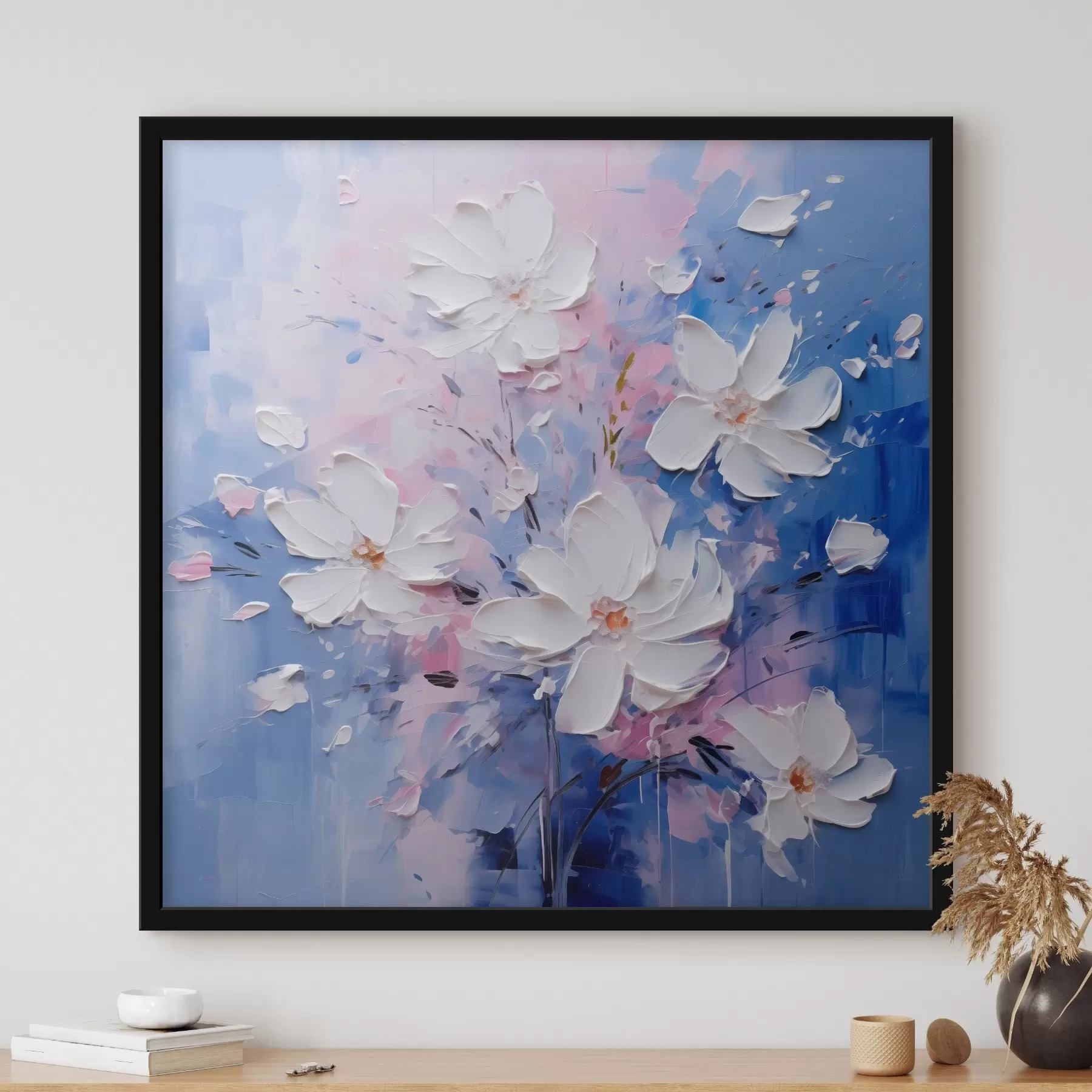 Papier peint Fleurs volumétriques sur fond bleu en style empâté f45648