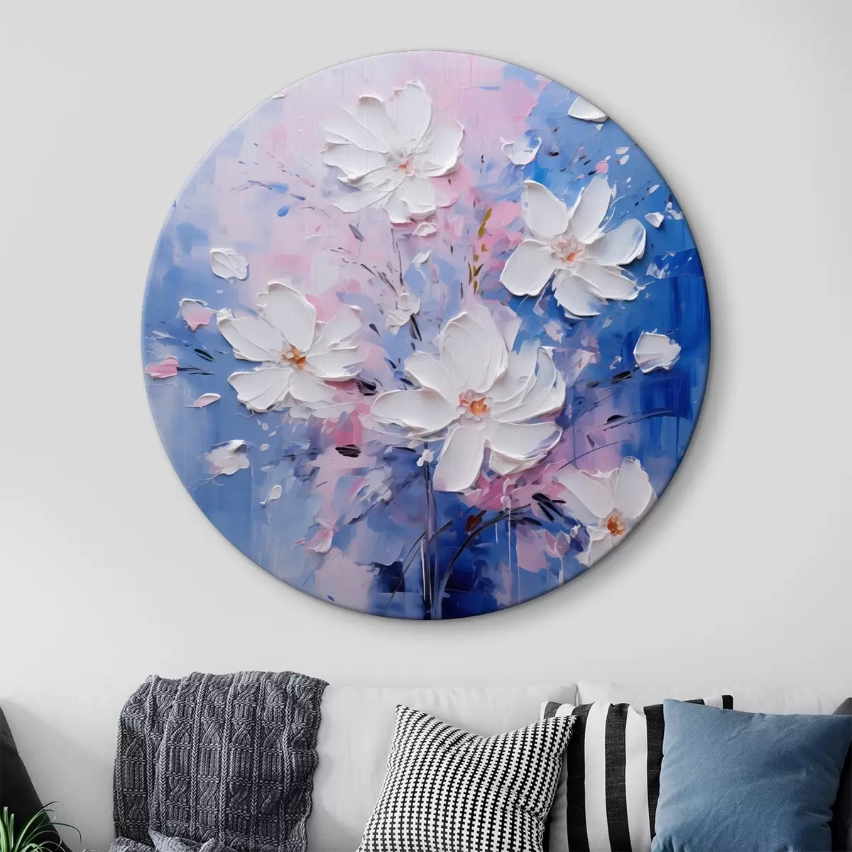 Tableaux rondes Fleurs volumétriques sur fond bleu en style empâté r45648