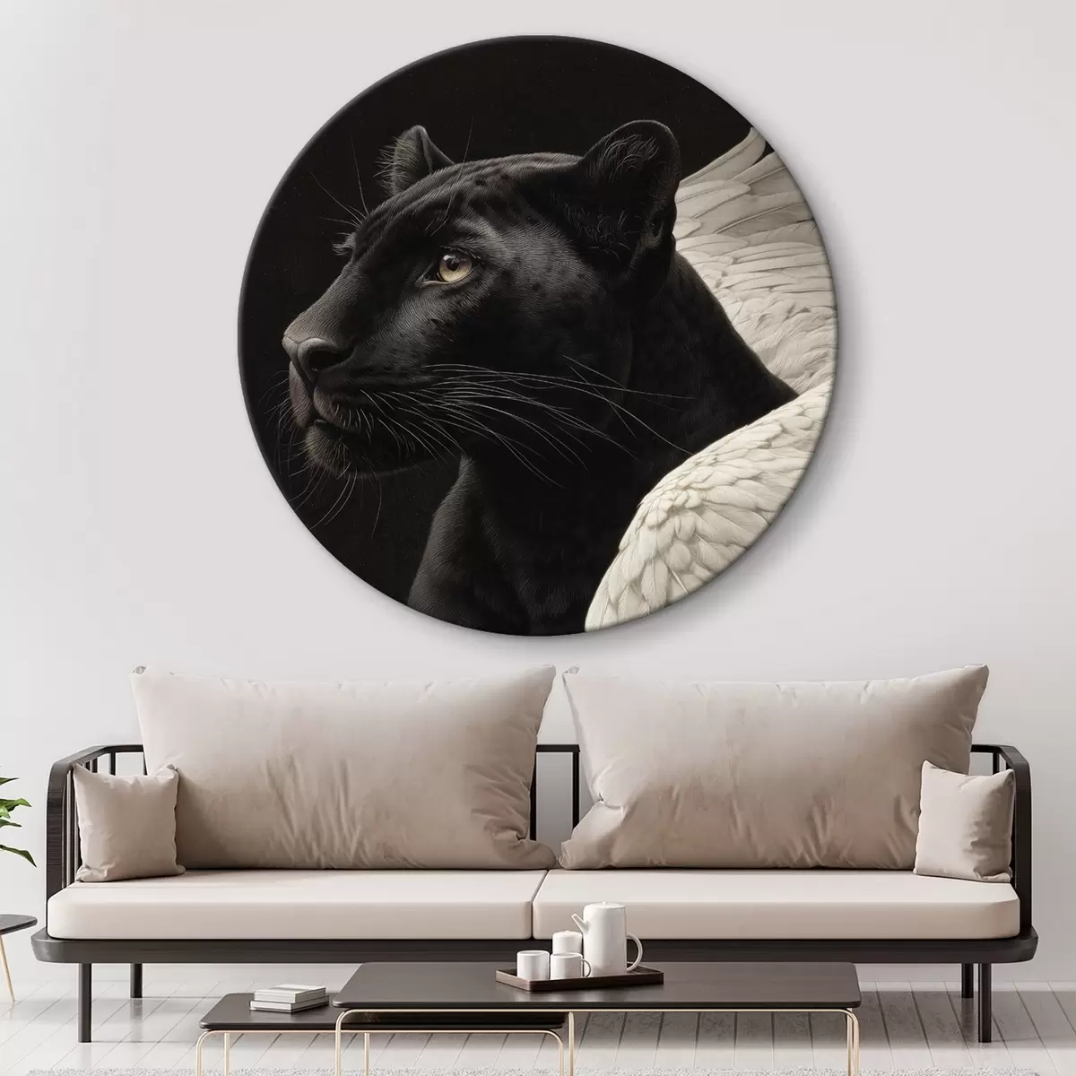 Tableaux rondes Panthère noire avec ailes dans un style fantastique r45653
