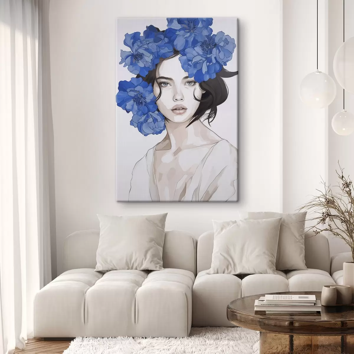 Tableau Portrait d'une jeune fille avec des fleurs bleues s45756