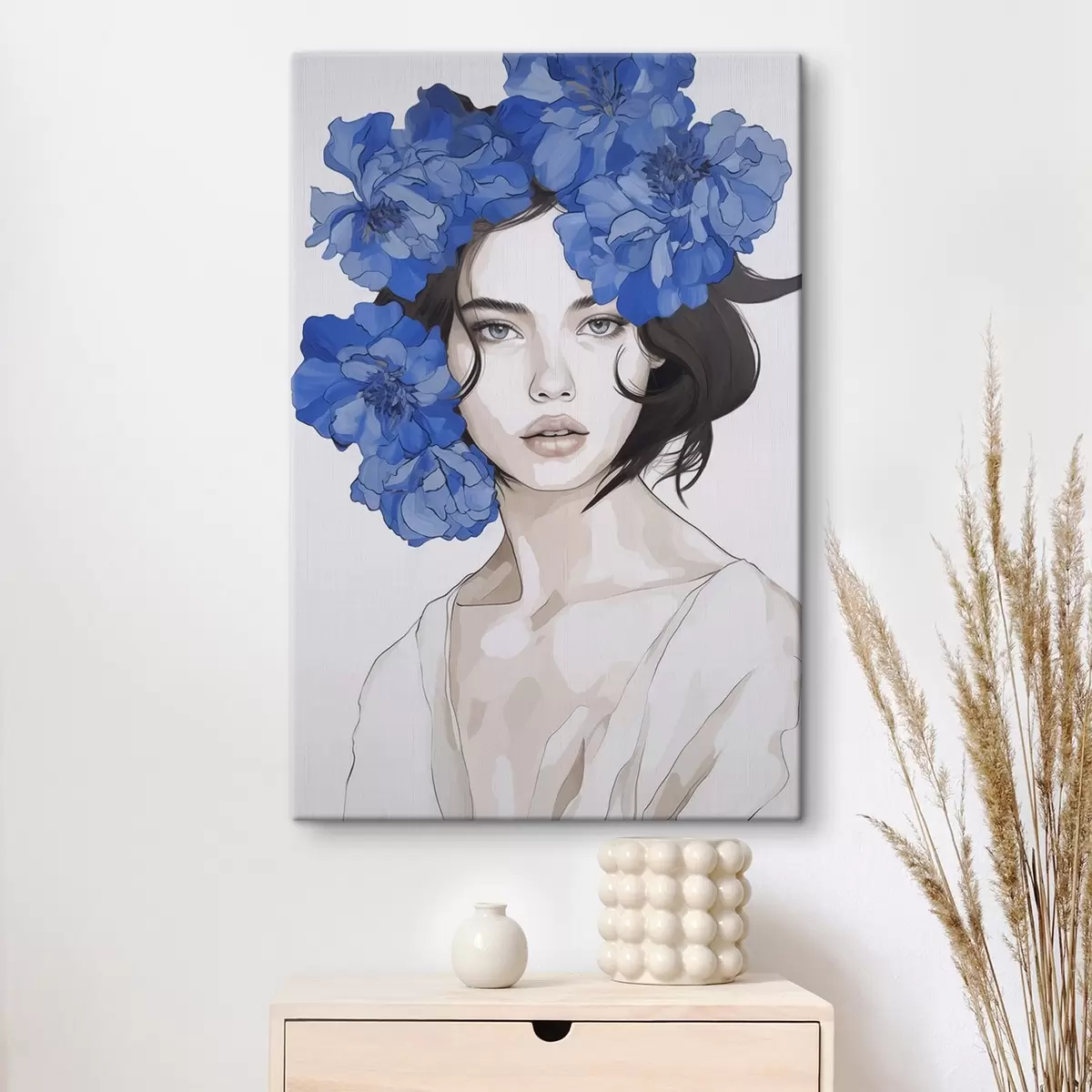 Tableau Portrait d'une jeune fille avec des fleurs bleues s45756