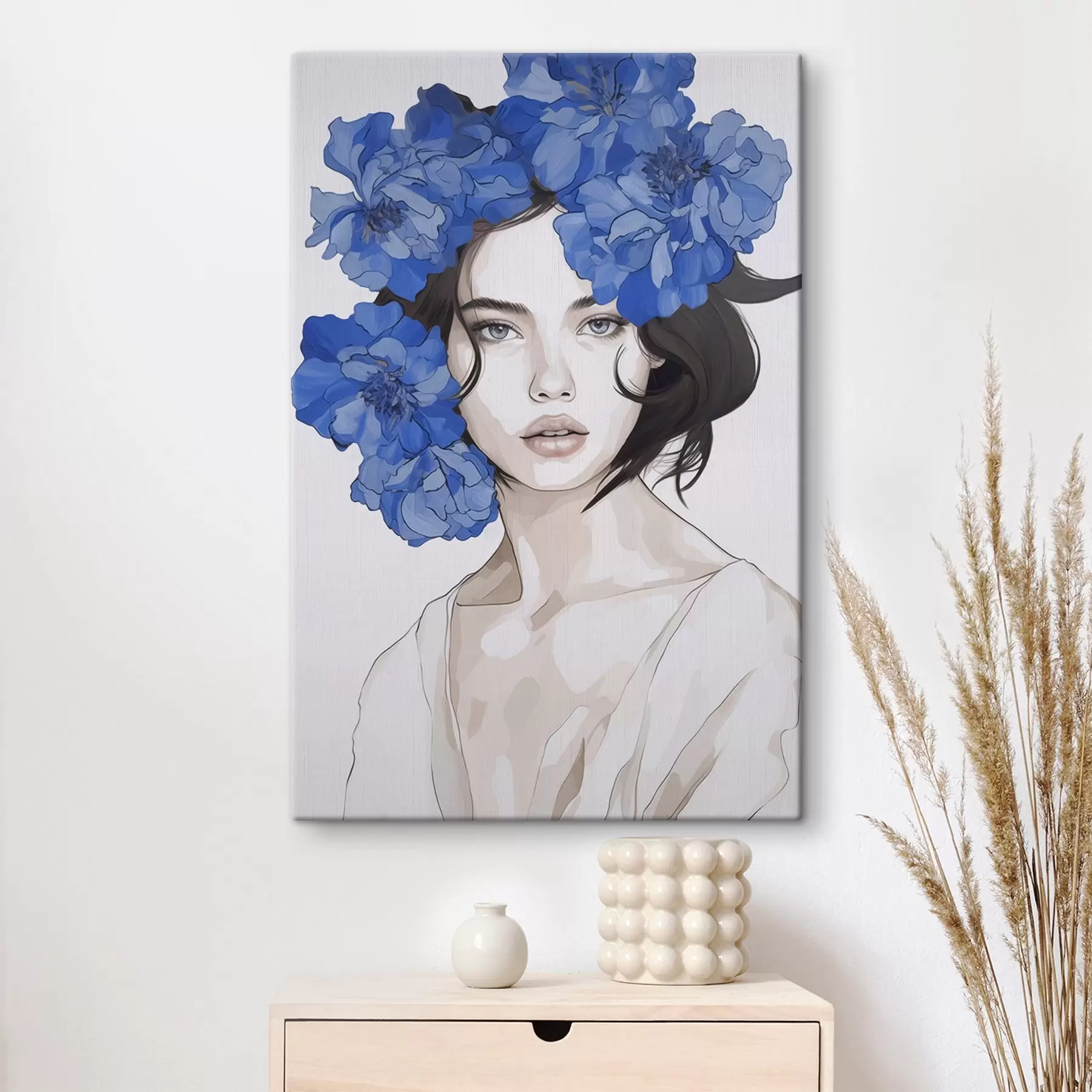 Tableau Portrait d'une jeune fille avec des fleurs bleues s45756