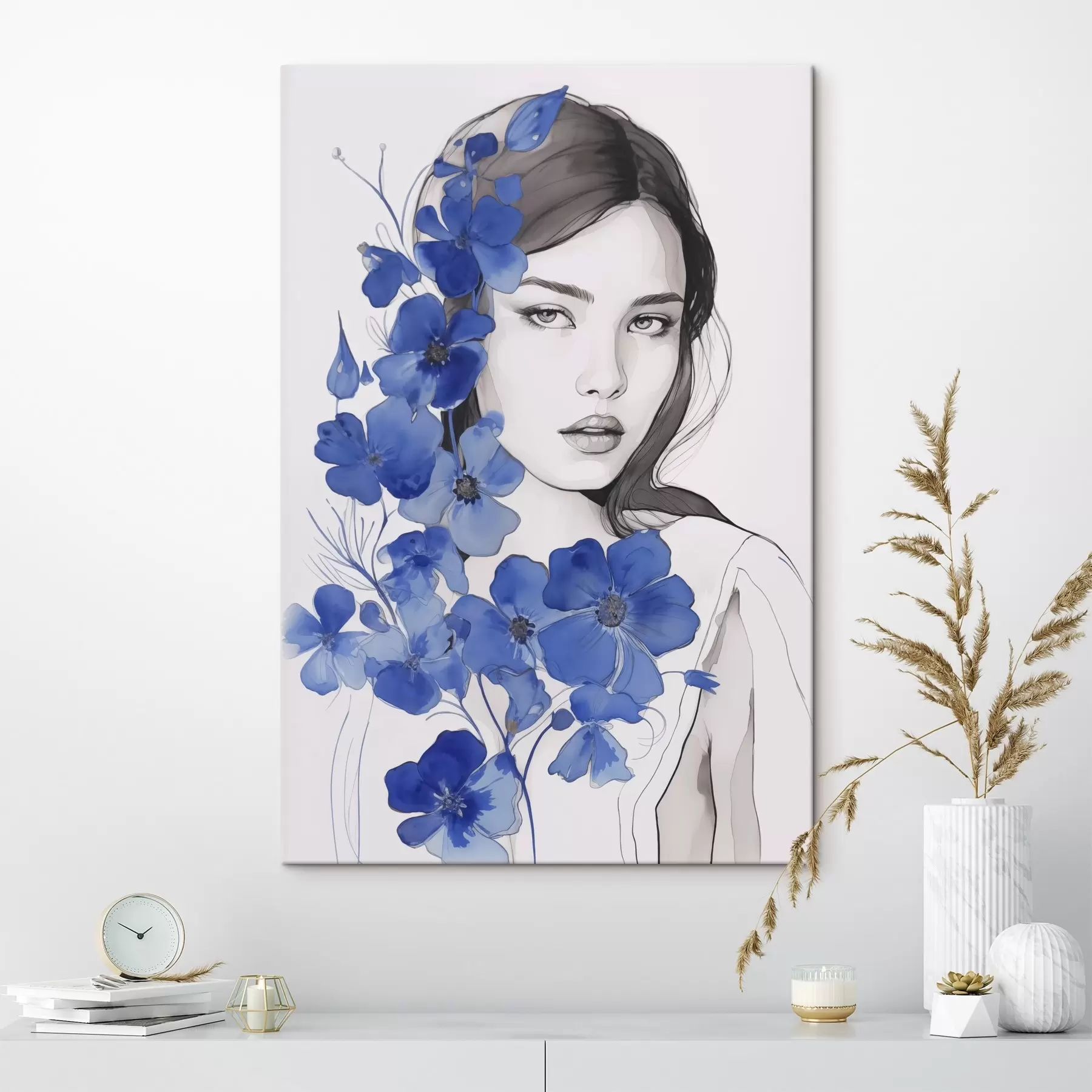 Tableau Fille et fleurs bleues s45757