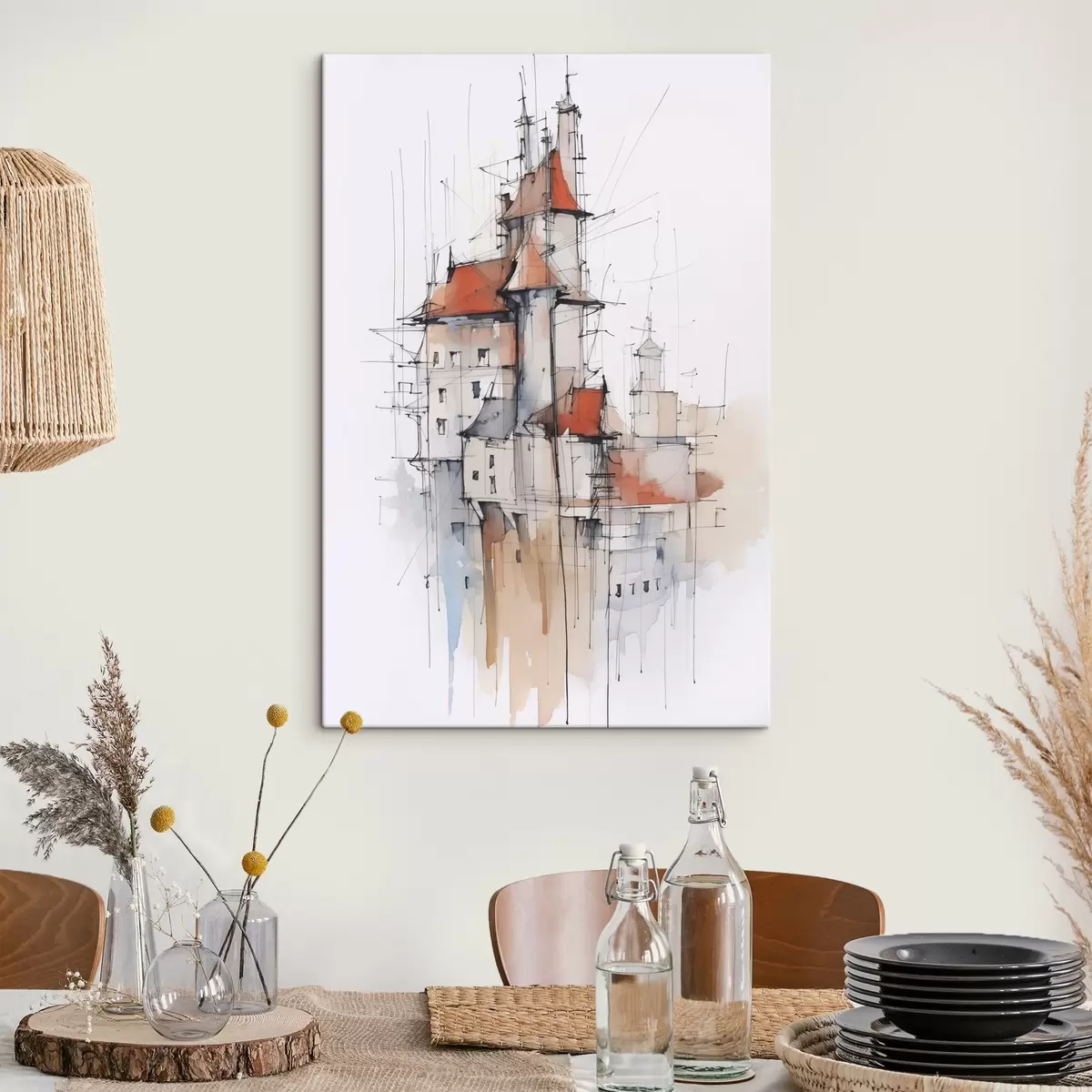 Tableau Maisons imitation croquis et aquarelle s45764