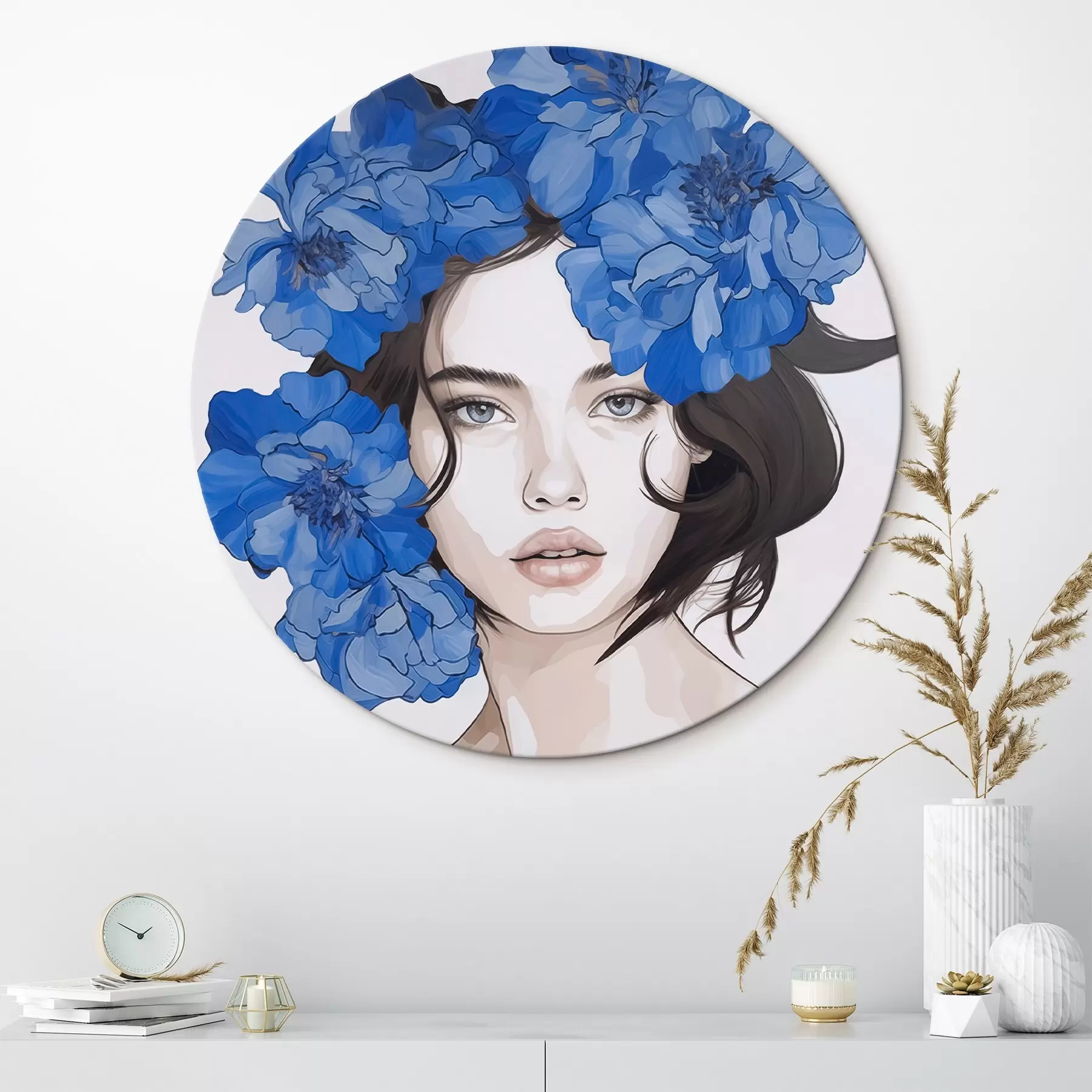 Tableau Portrait d'une jeune fille avec des fleurs bleues r45756