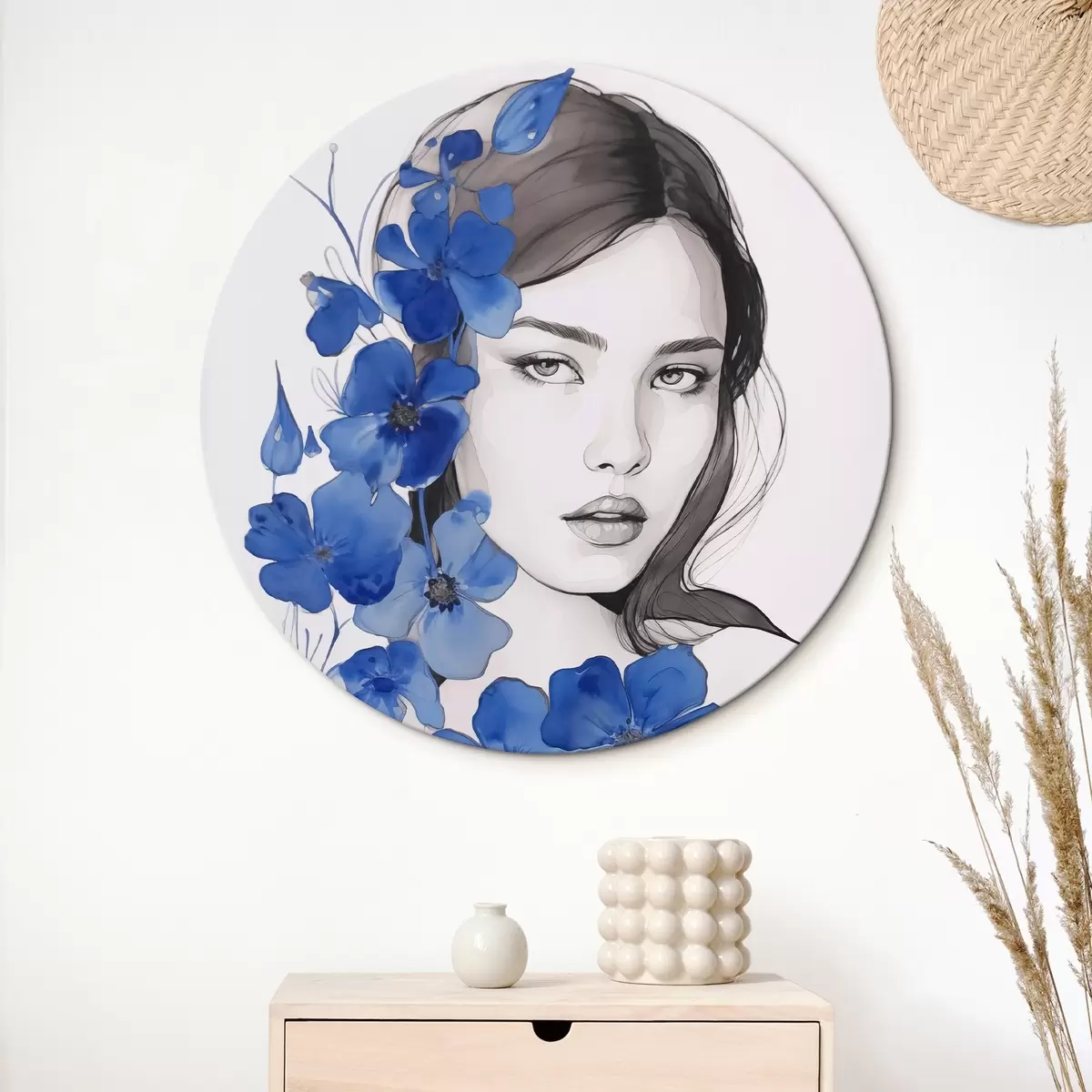 Tableaux rondes Fille et fleurs bleues r45757