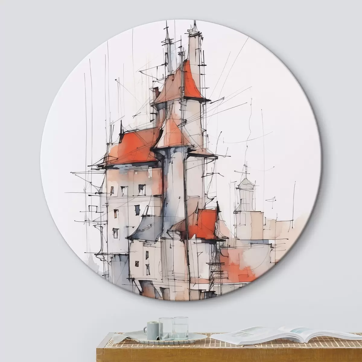 Tableaux rondes Maisons imitation croquis et aquarelle r45764