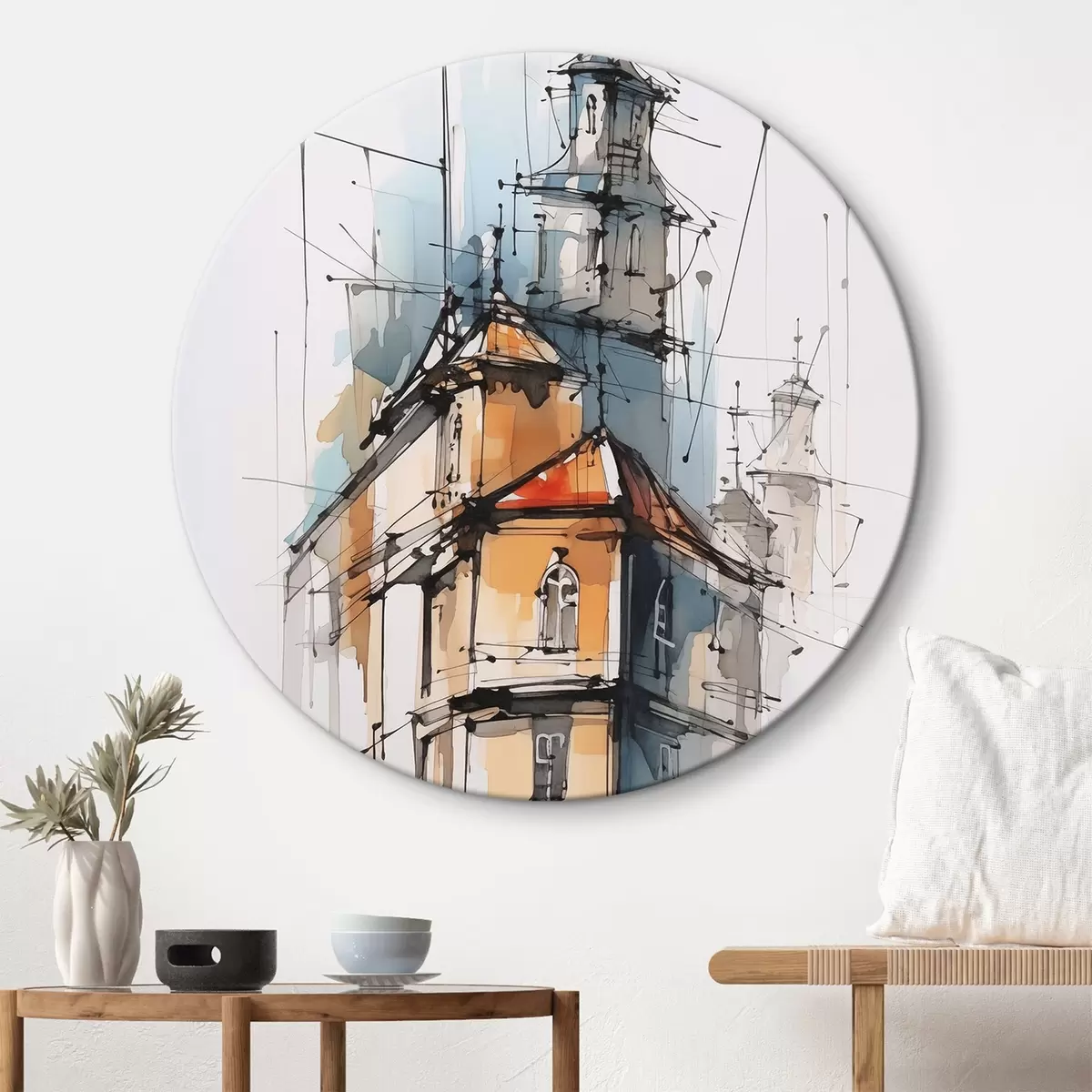 Tableaux rondes Maisons imitation croquis et aquarelle r45765