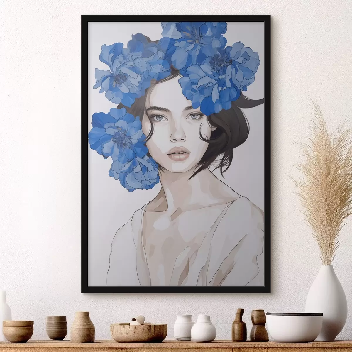 Poster Portrait d'une jeune fille avec des fleurs bleues f45756