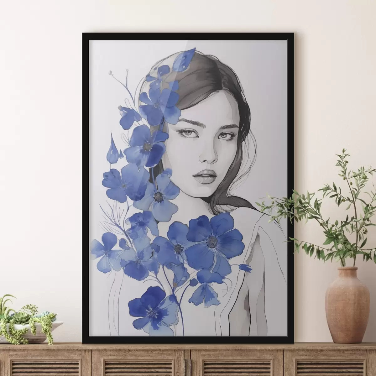 Poster Fille et fleurs bleues f45757
