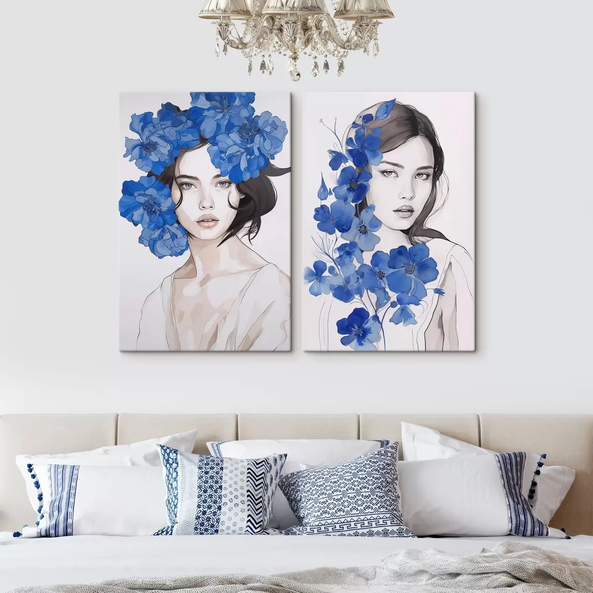 Tableau Portrait d'une jeune fille avec des fleurs bleues m00721