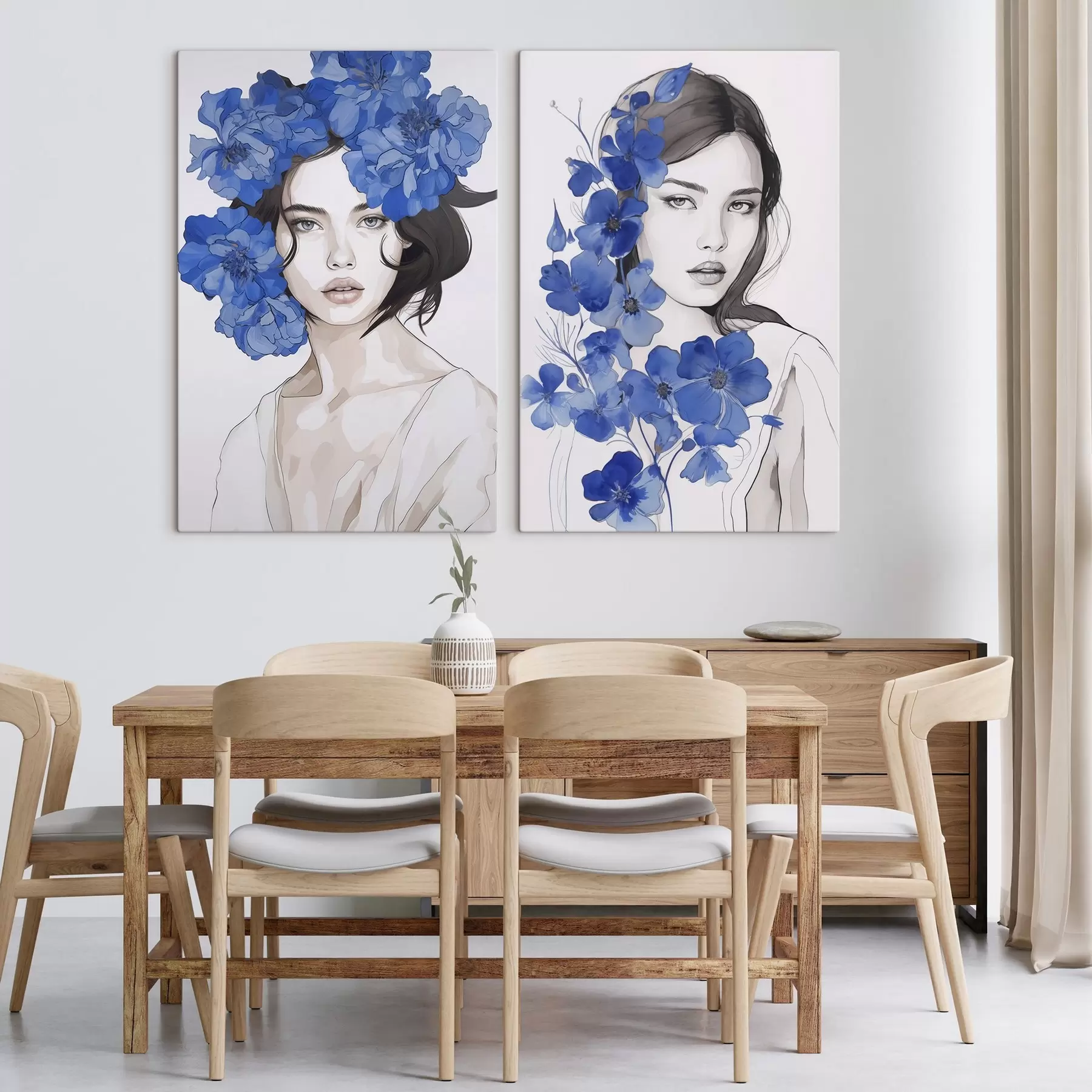 Tableau Portrait d'une jeune fille avec des fleurs bleues m00721