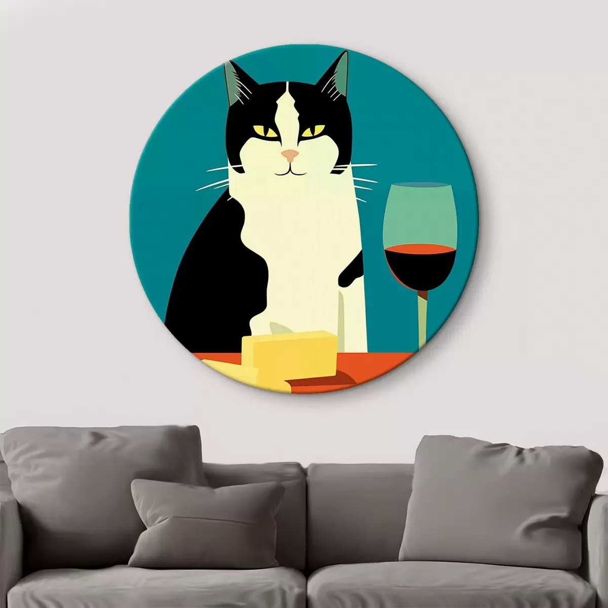 Tableaux rondes Chat avec du vin et du fromage r45801