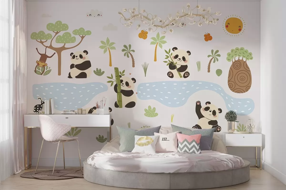 Papier peint Des pandas joyeux au bord de la rivière w04541