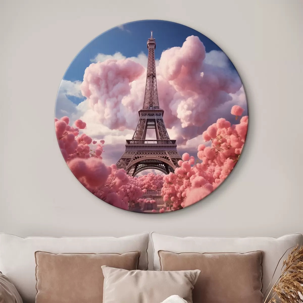 Tableaux rondes Tour Eiffel dans des nuages roses en style fantaisiste r45036