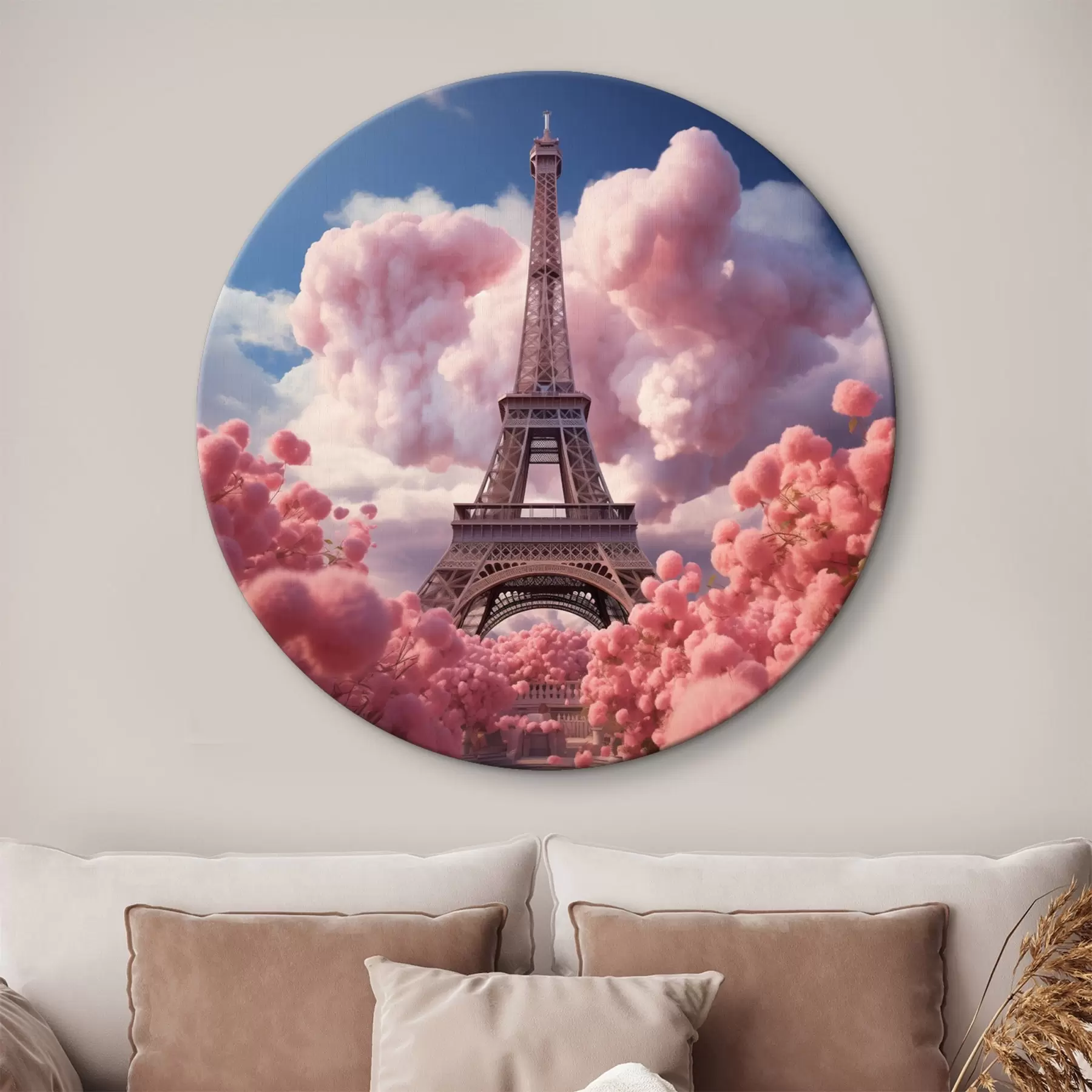Tableau Tour Eiffel dans des nuages roses en style fantaisiste r45036