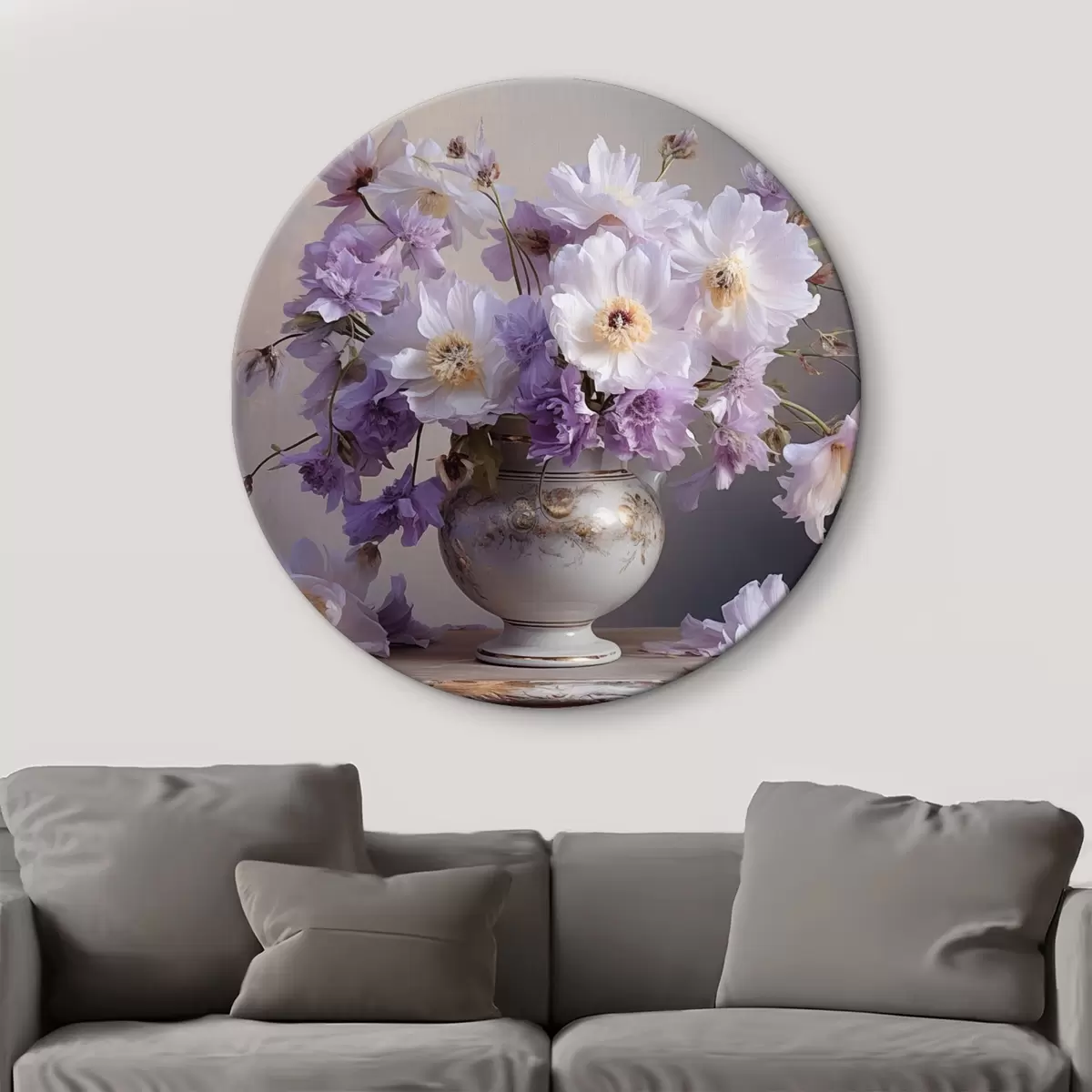 Tableaux rondes Nature morte florale : fleurs blanches et violettes dans un style artistique r45058
