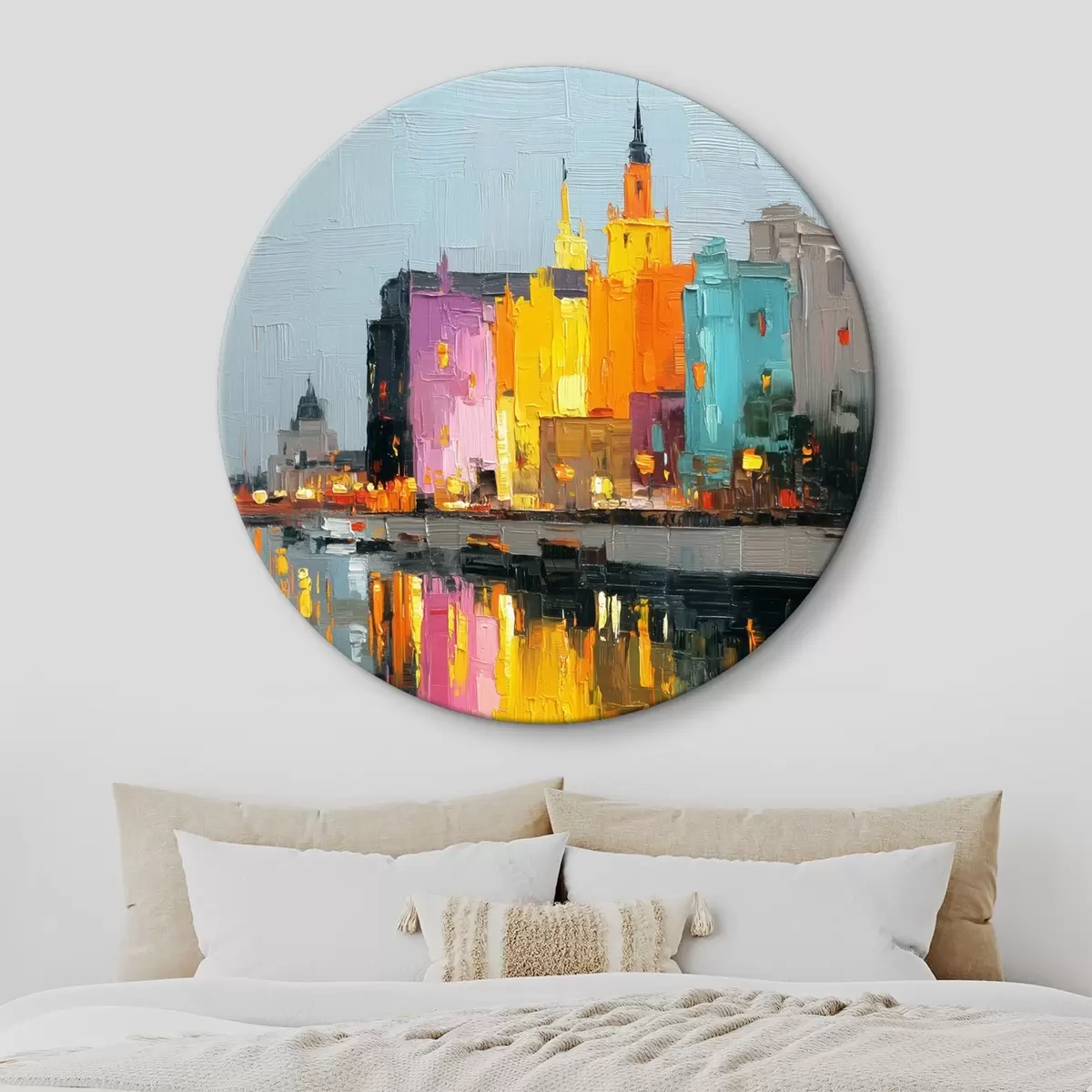 Tableaux rondes Lumières de la ville : paysage vibrant dans un style empâté r45242