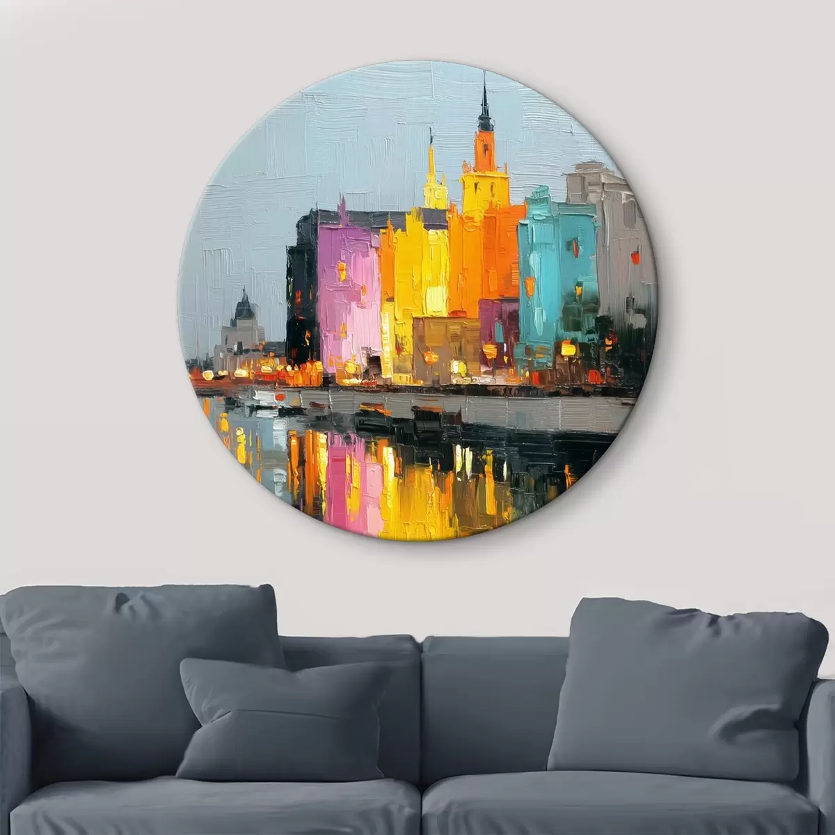 Tableaux rondes Lumières de la ville : paysage vibrant dans un style empâté r45242