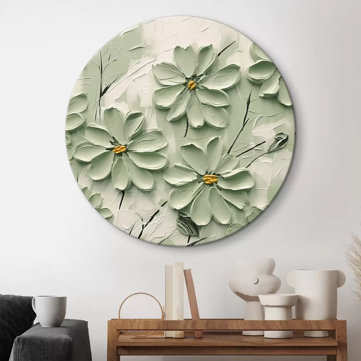 Tableaux rondes Fleurs vertes à centre jaune peintes à grands coups de pinceau sur fond clair r45265
