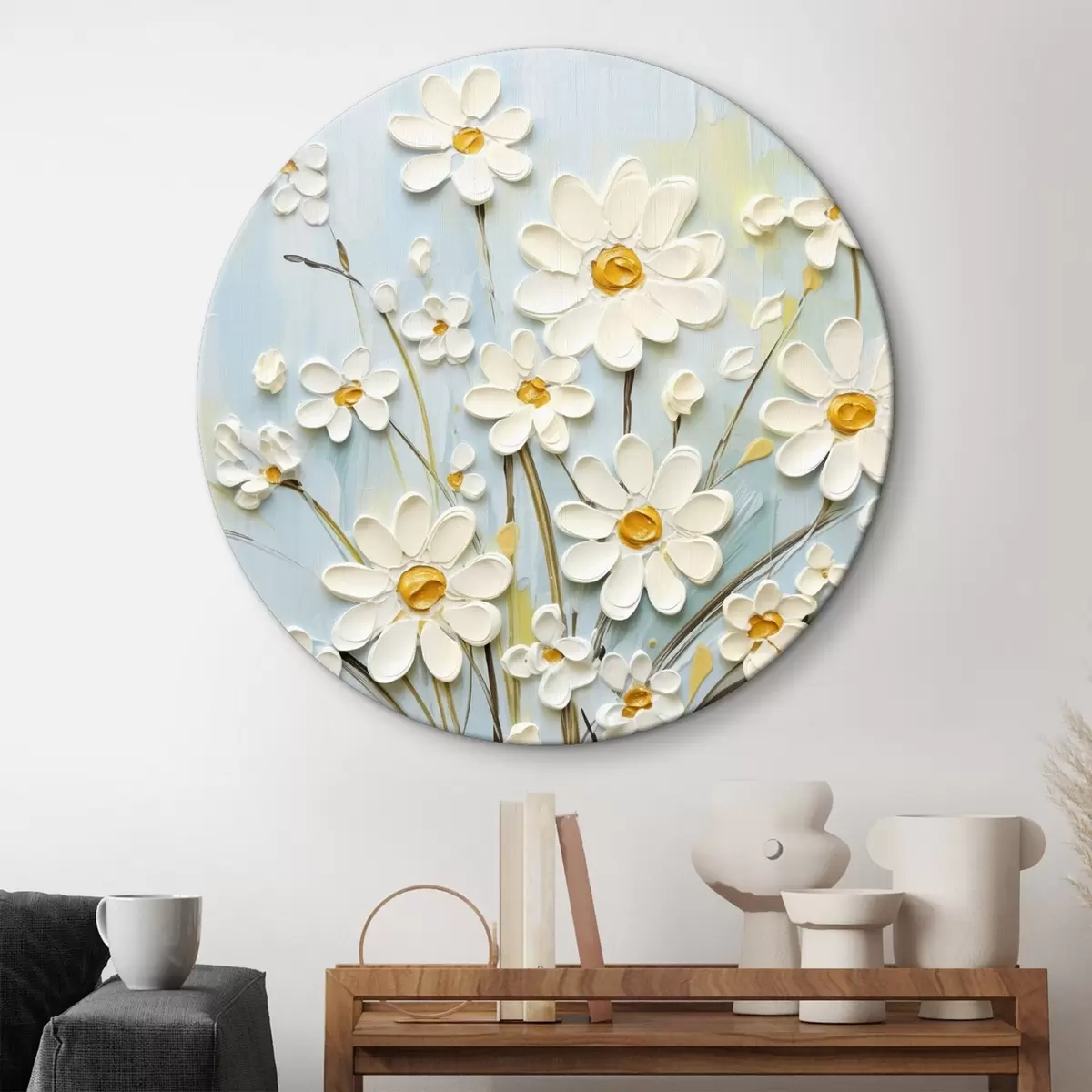 Tableaux rondes Marguerites texturées : l'art de l'empâtement avec des coups de pinceau expressifs r45266