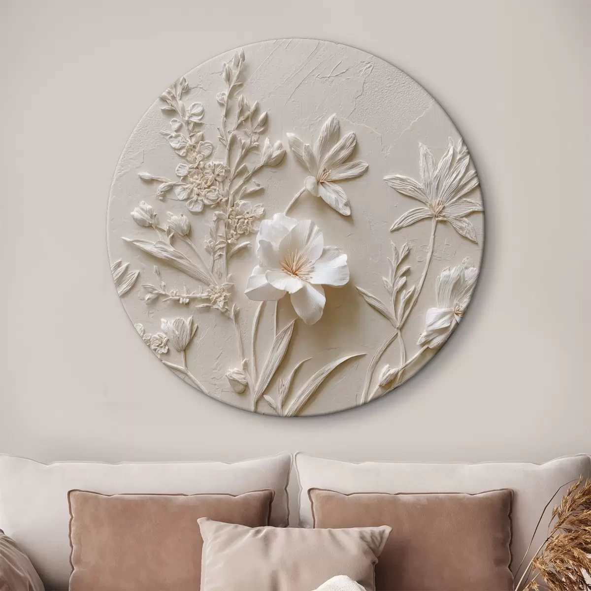 Tableaux rondes Motif floral : style bas-relief avec des plantes sur un fond clair r45536
