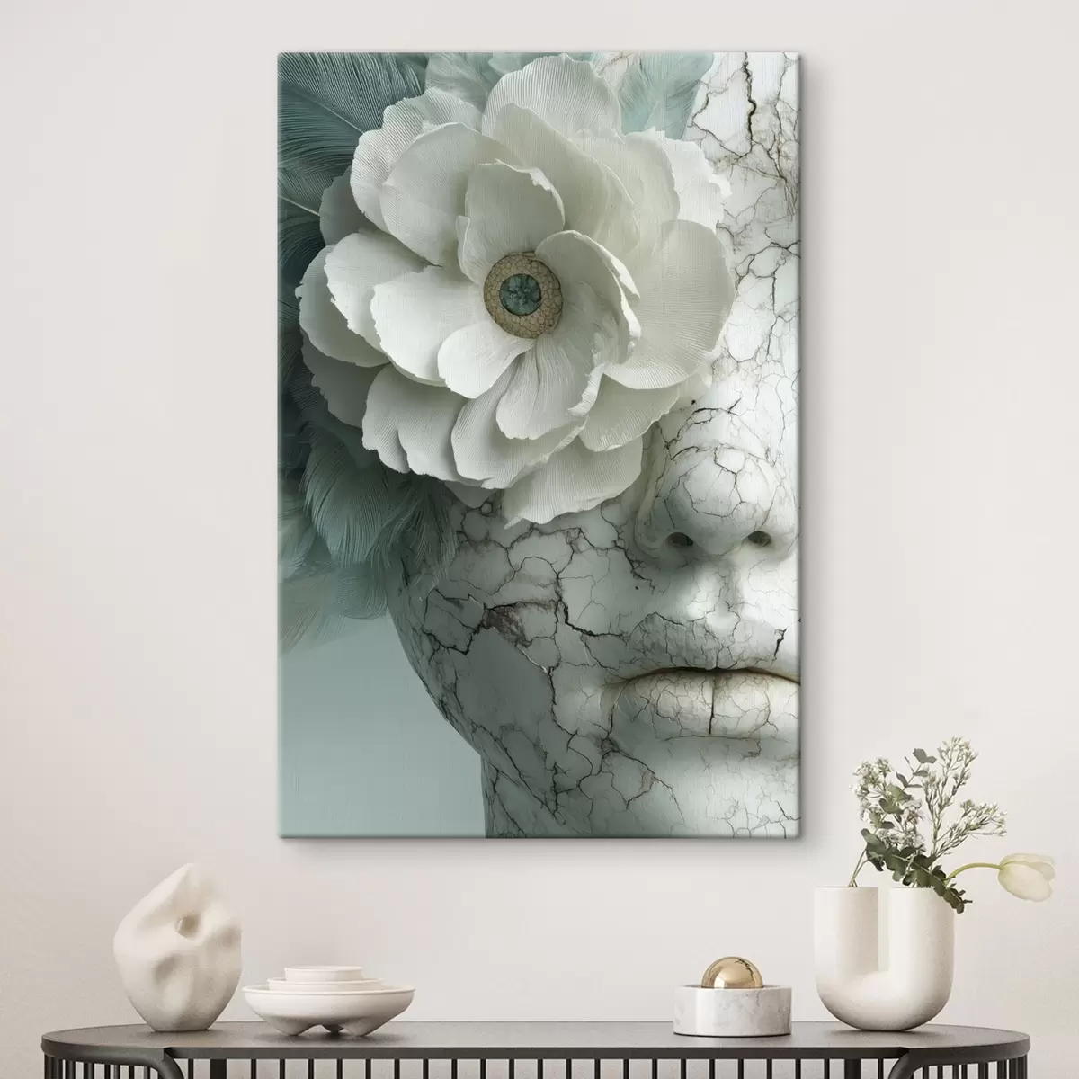 Tableau visage en marbre d'une fille avec une fleur s45709