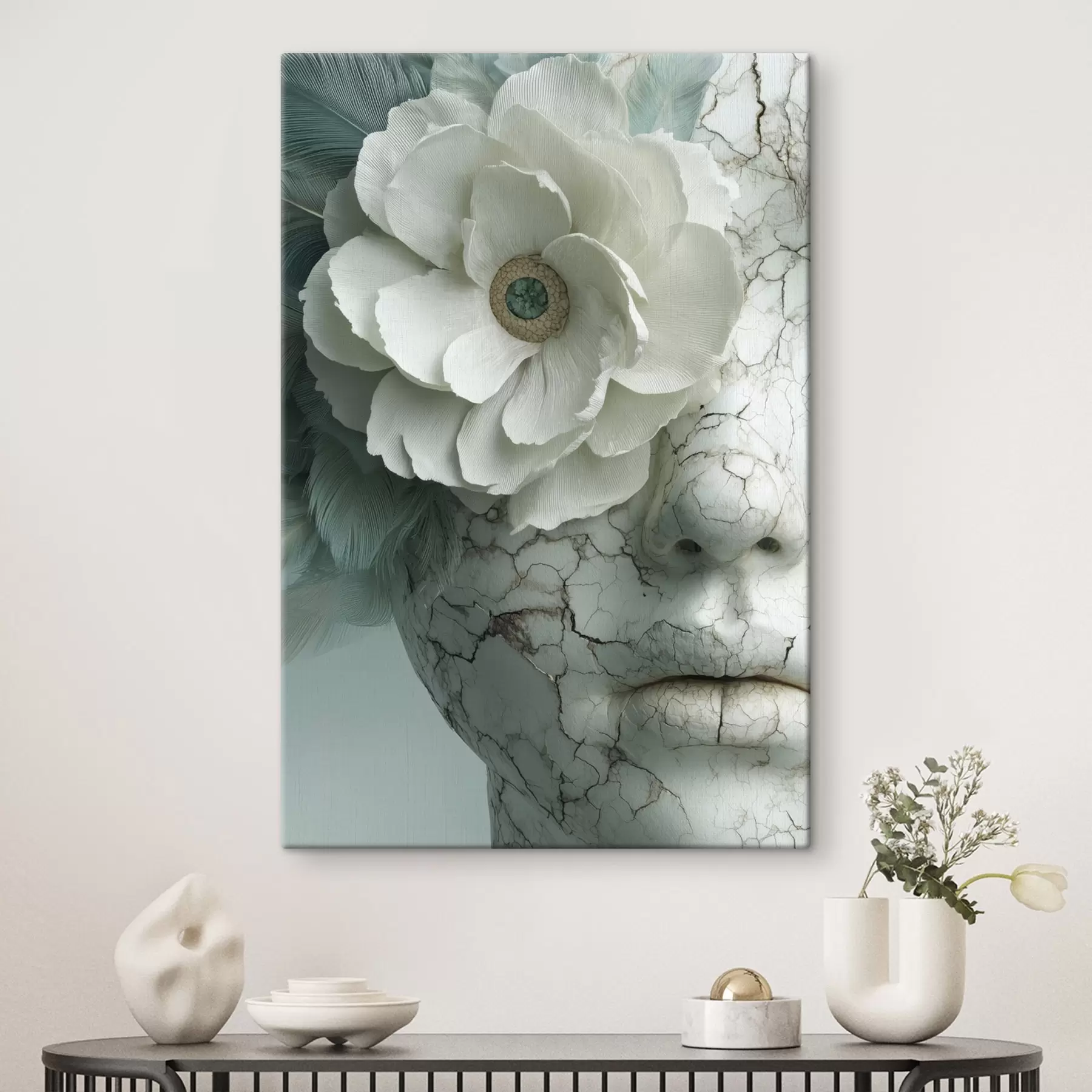 Tableau visage en marbre d'une fille avec une fleur s45709