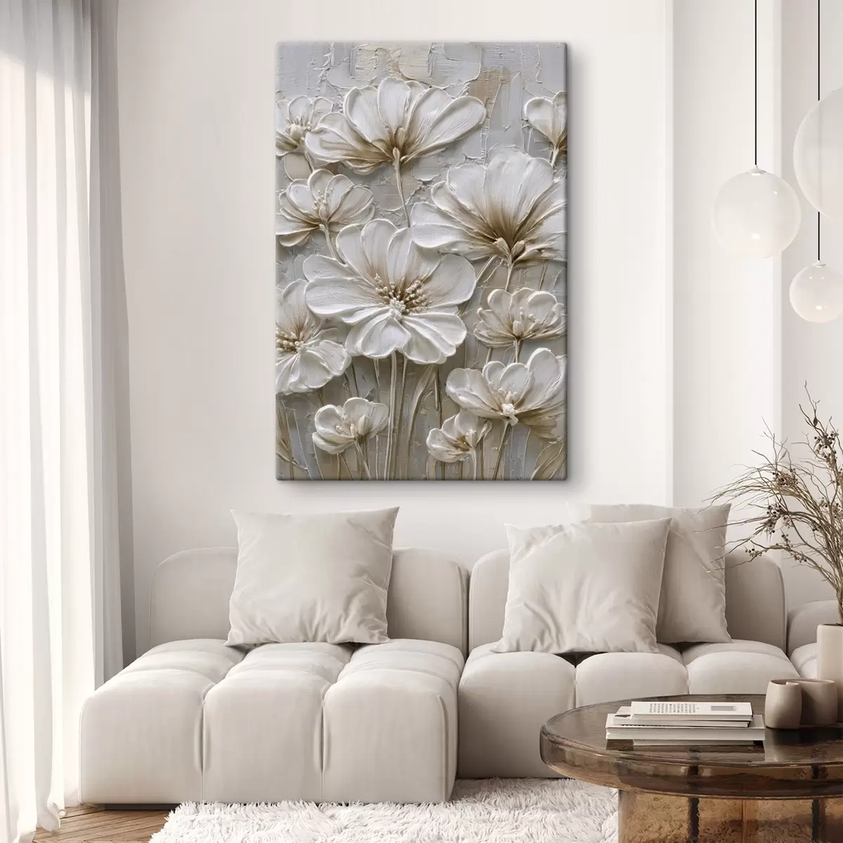 Tableau fleurs en crème avec imitation de style impasto s45712
