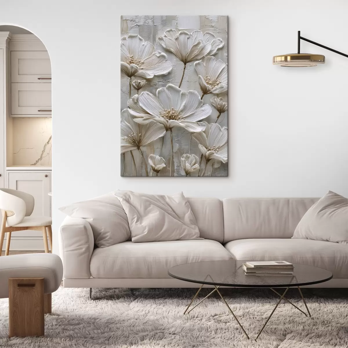 Tableau fleurs en crème avec imitation de style impasto s45713