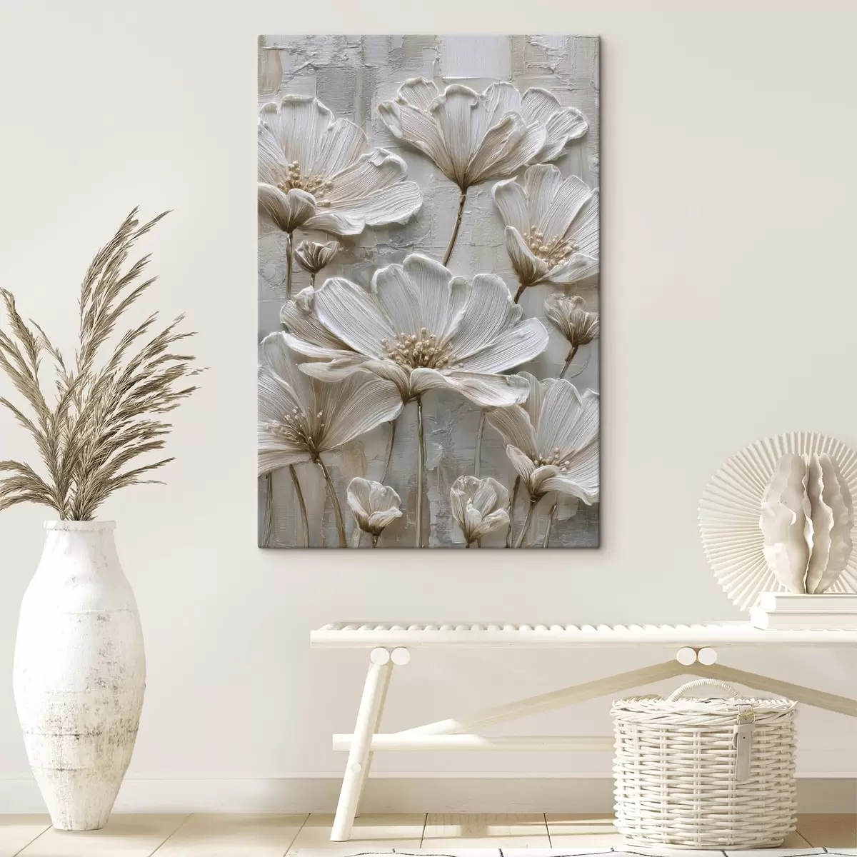 Tableau fleurs en crème avec imitation de style impasto s45713