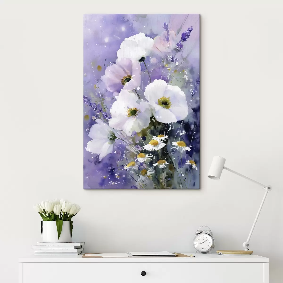 Tableau bouquet aquarelle dans les tons lilas et blanc s45719