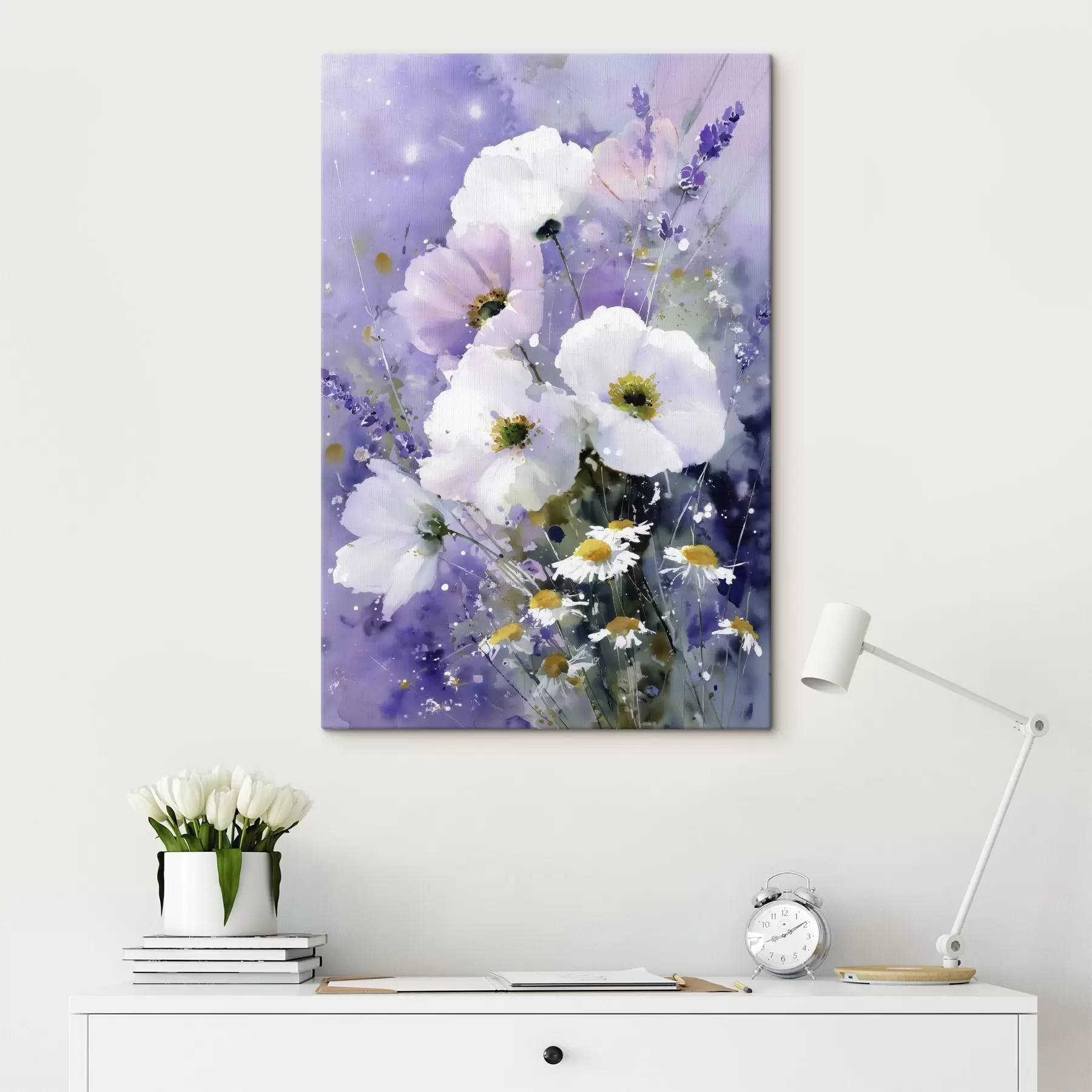 Tableau bouquet aquarelle dans les tons lilas et blanc s45719