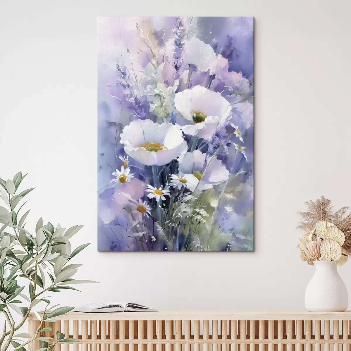 Tableau bouquet aquarelle dans les tons lilas et blanc s45720