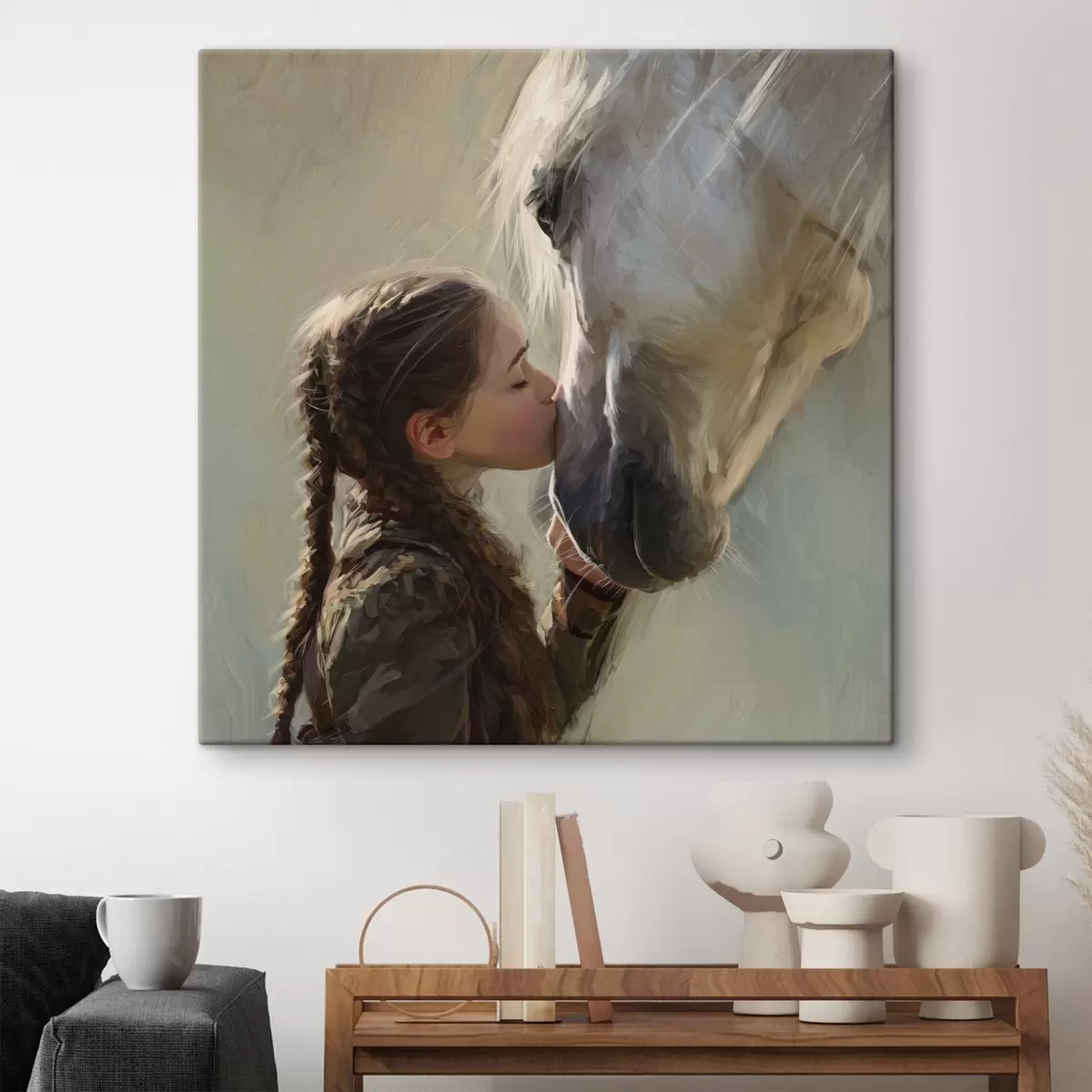 Tableau fille embrassant un cheval s45731