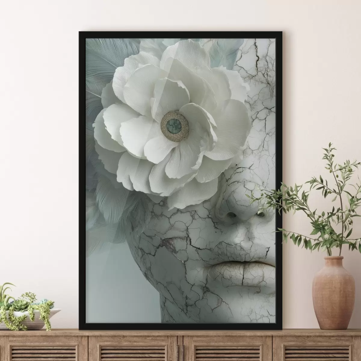 Poster visage en marbre d'une fille avec une fleur f45709