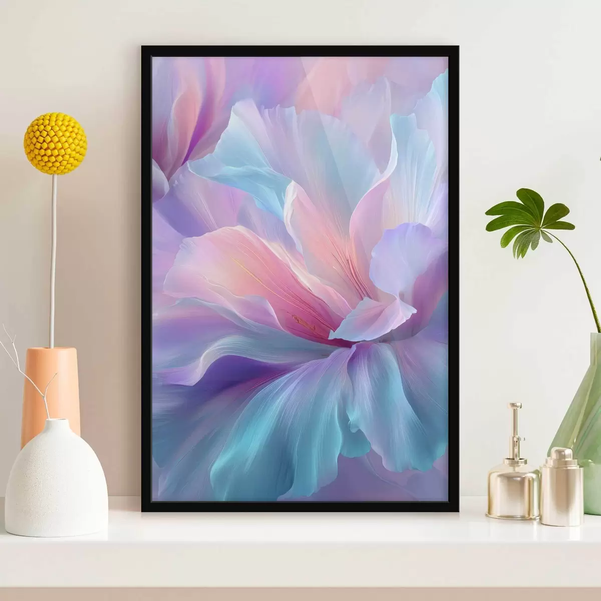 Poster une fleur fantaisiste délicate aux pétales dans les tons violet, bleu et rose. f45710