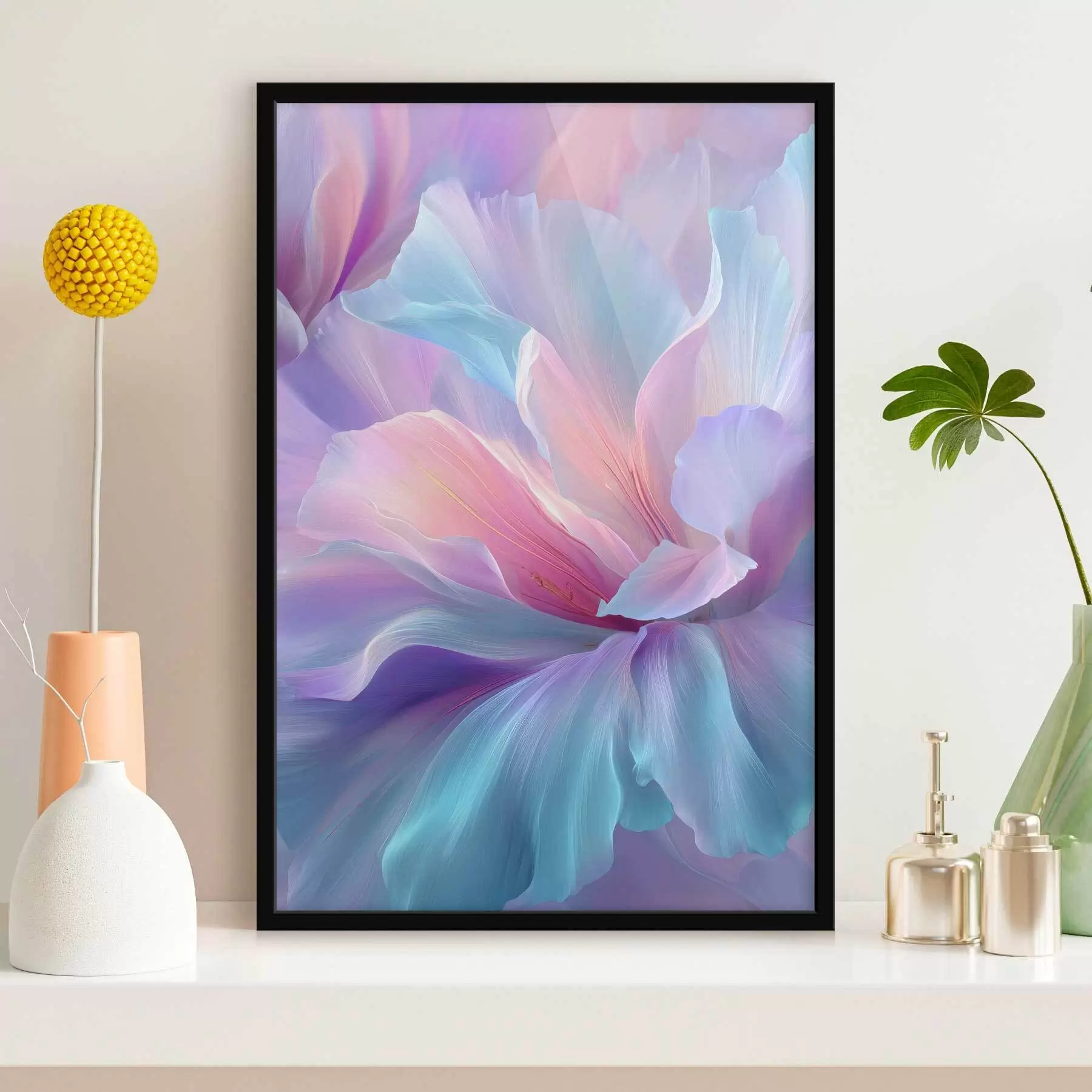 Papier peint une fleur fantaisiste délicate aux pétales dans les tons violet, bleu et rose. f45710
