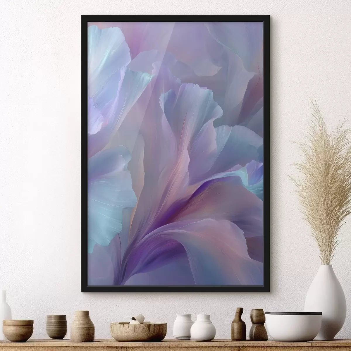 Poster une fleur fantaisiste délicate aux pétales dans les tons violet, bleu et rose. f45711