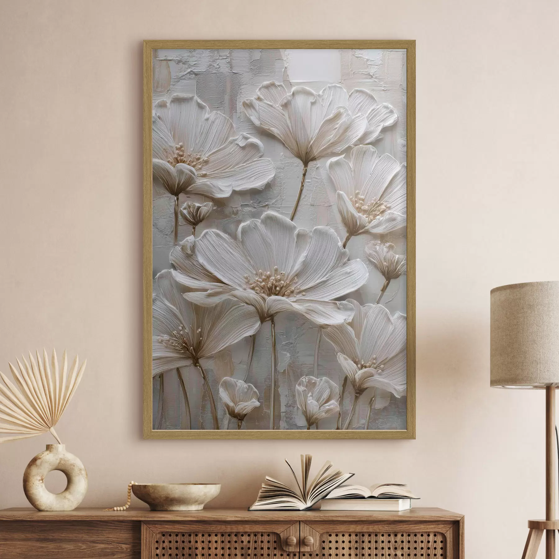 Papier peint fleurs en crème avec imitation de style impasto f45713