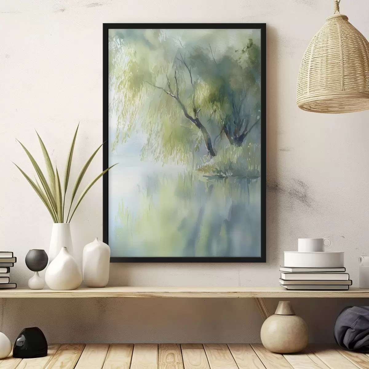 Poster saule au bord du lac, style aquarelle f45715