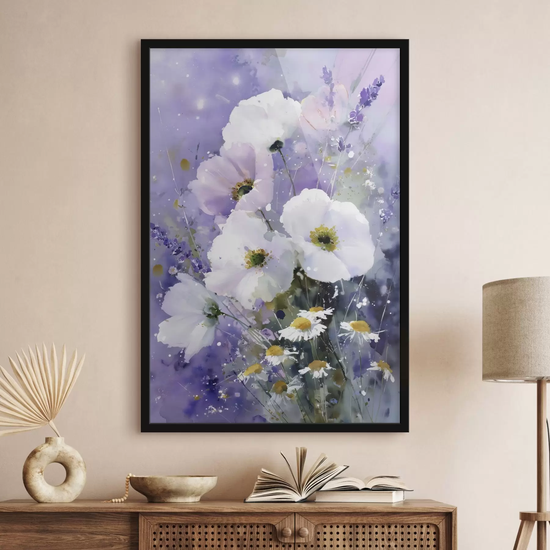 Papier peint bouquet aquarelle dans les tons lilas et blanc f45719