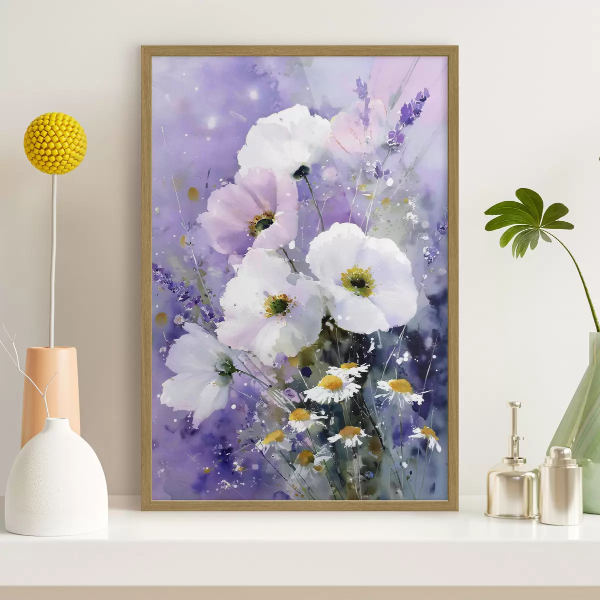Poster bouquet aquarelle dans les tons lilas et blanc f45719