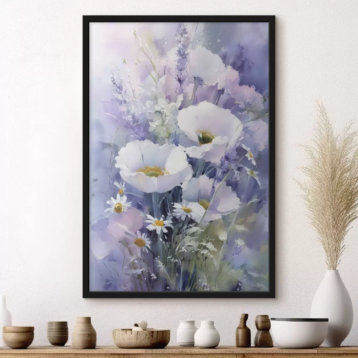 Poster bouquet aquarelle dans les tons lilas et blanc f45720