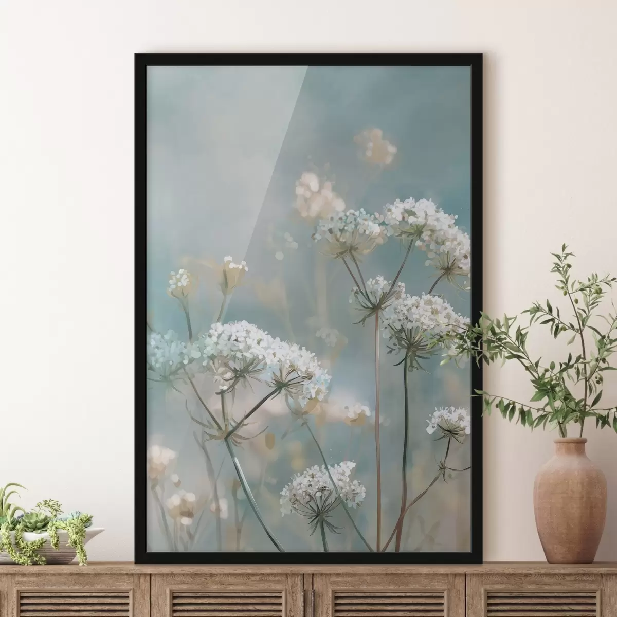 Poster Fleurs de Queen Anne's Lace peintes à l'aquarelle sur fond bleu f45721