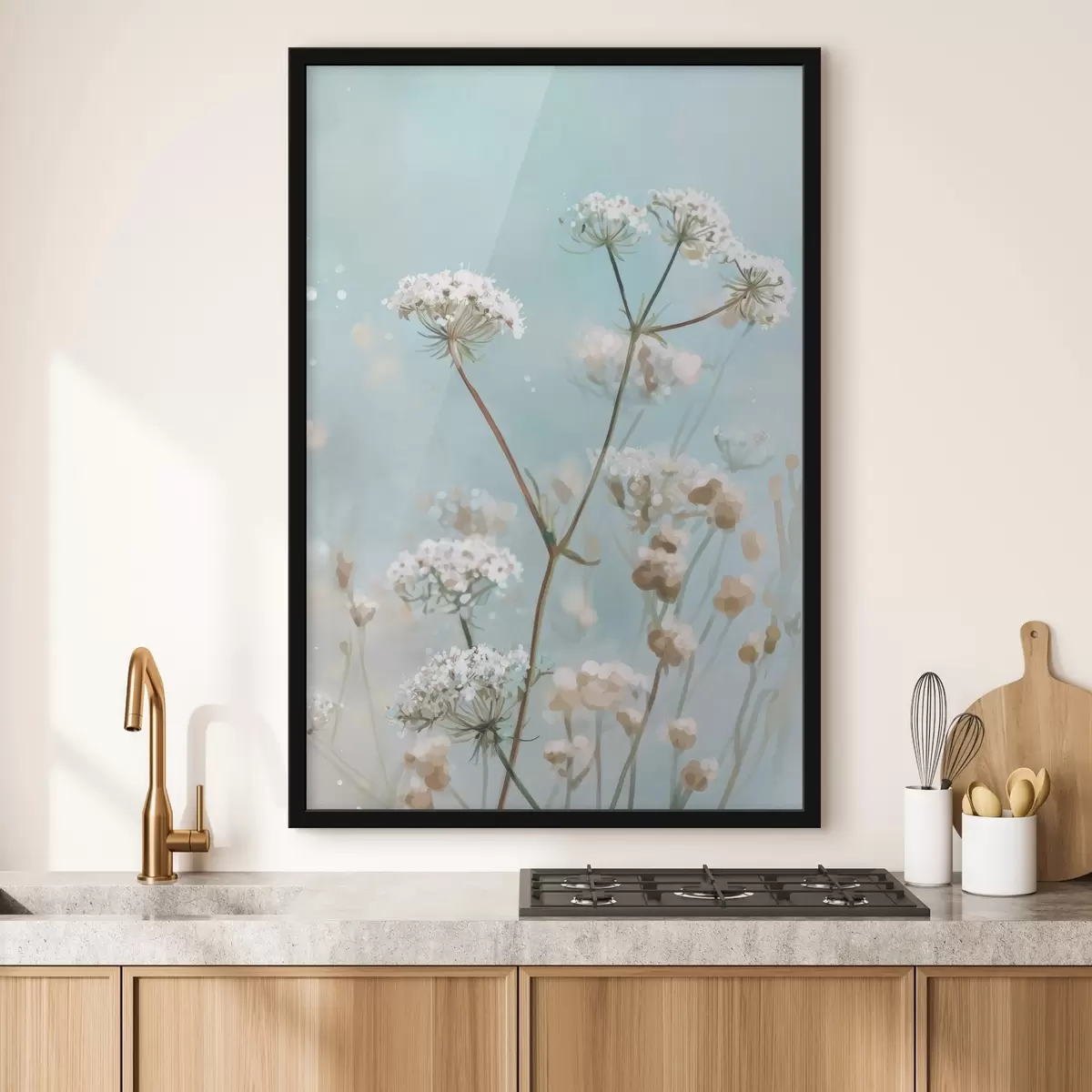 Poster Fleurs de Queen Anne's Lace peintes à l'aquarelle sur fond bleu f45722