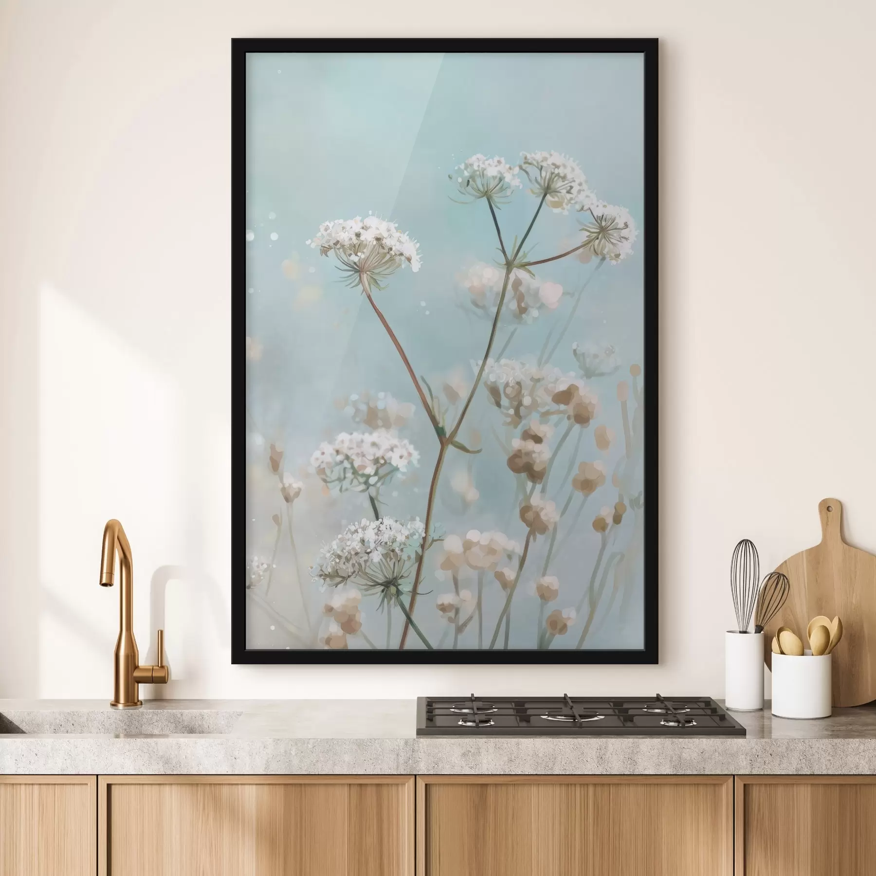 Papier peint Fleurs de Queen Anne's Lace peintes à l'aquarelle sur fond bleu f45722