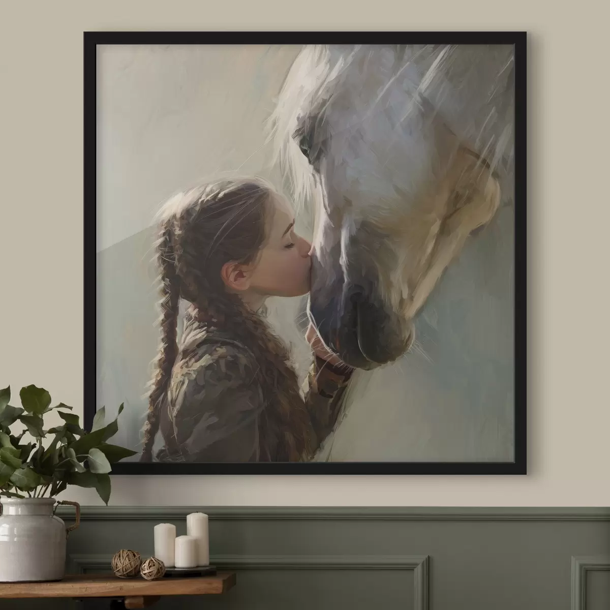 Poster fille embrassant un cheval f45731