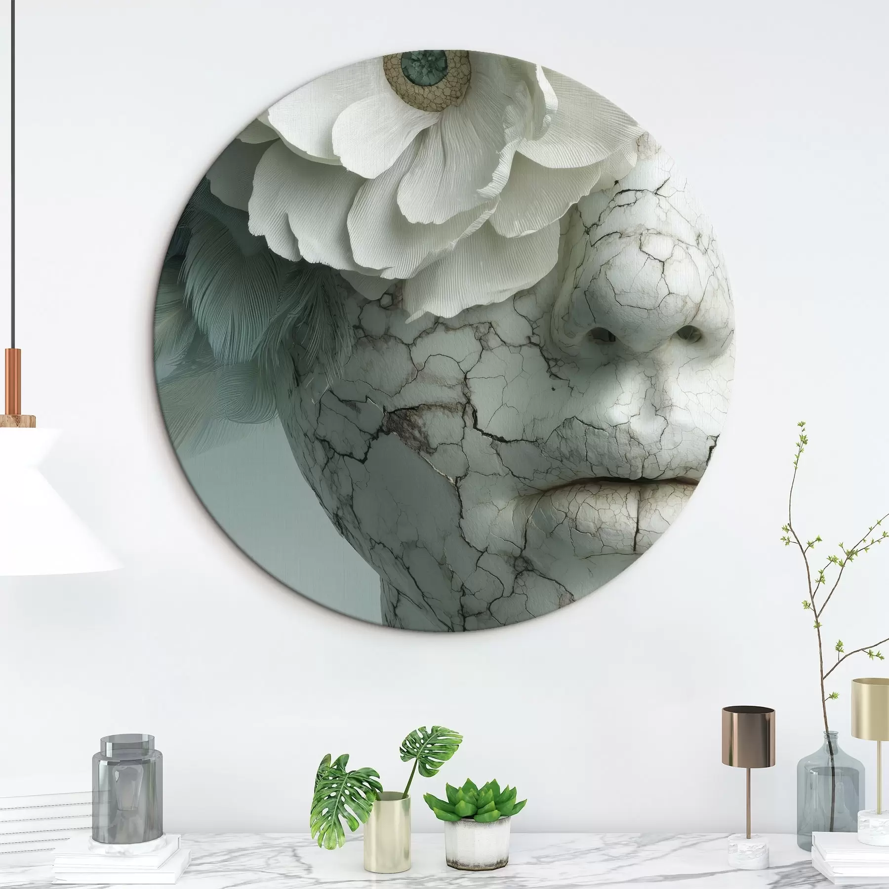 Tableau visage en marbre d'une fille avec une fleur r45709